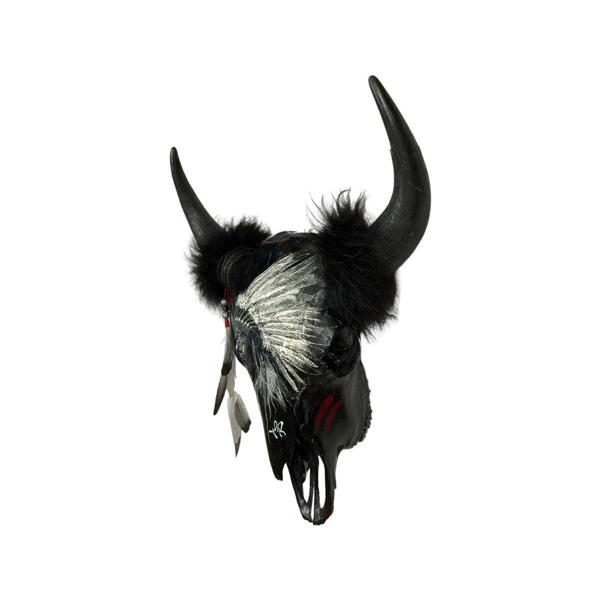 A Bison Engraved Skull Taxidermy Wall Decor featuring a Native American chief
