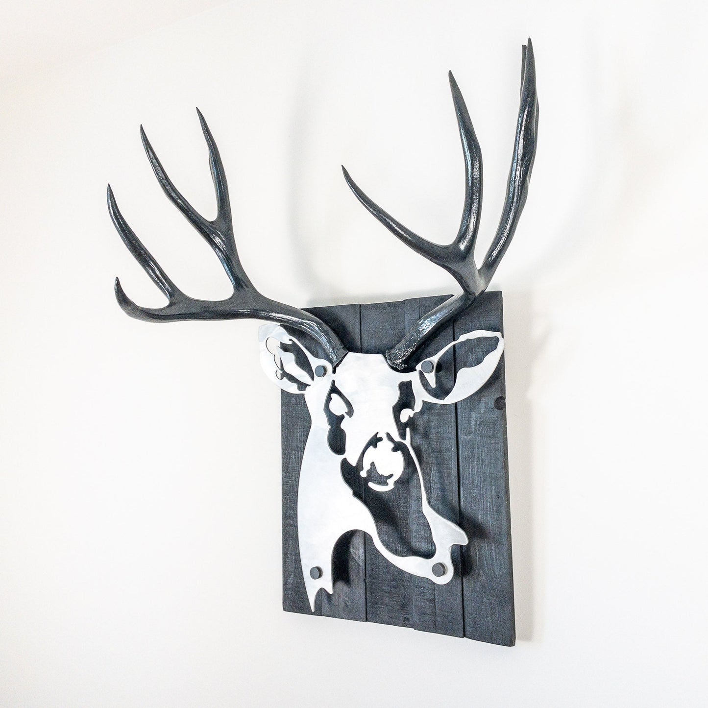A metal wall decor made from real ethically sourced  Mule Deer antlers mounted on a metal head