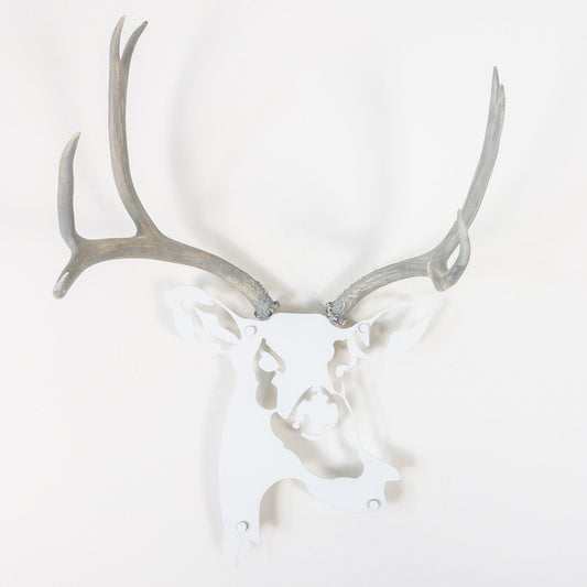 A metal wall decor made from real ethically sourced  Mule Deer antlers mounted on a metal head