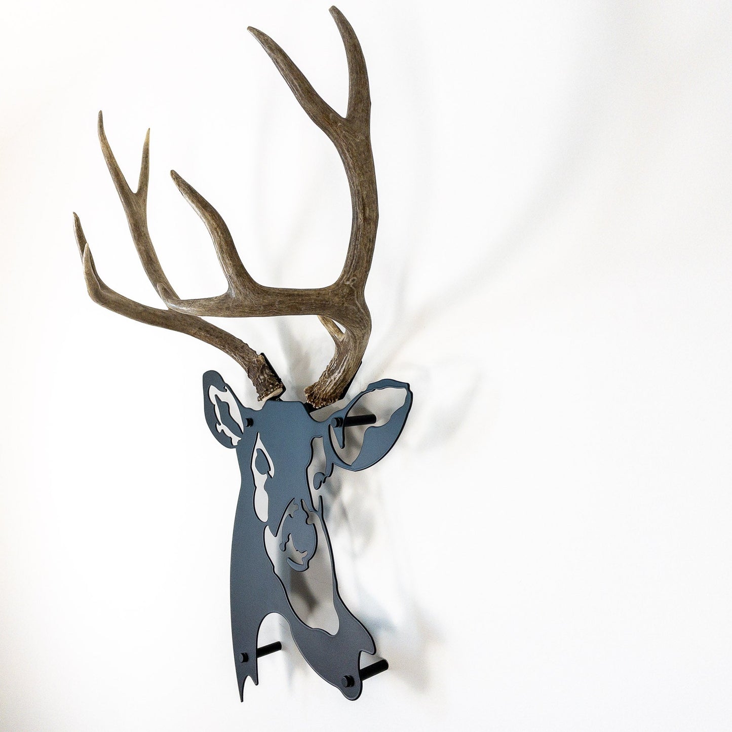 A metal wall decor made from real shed  Mule Deer antlers mounted on a metal head