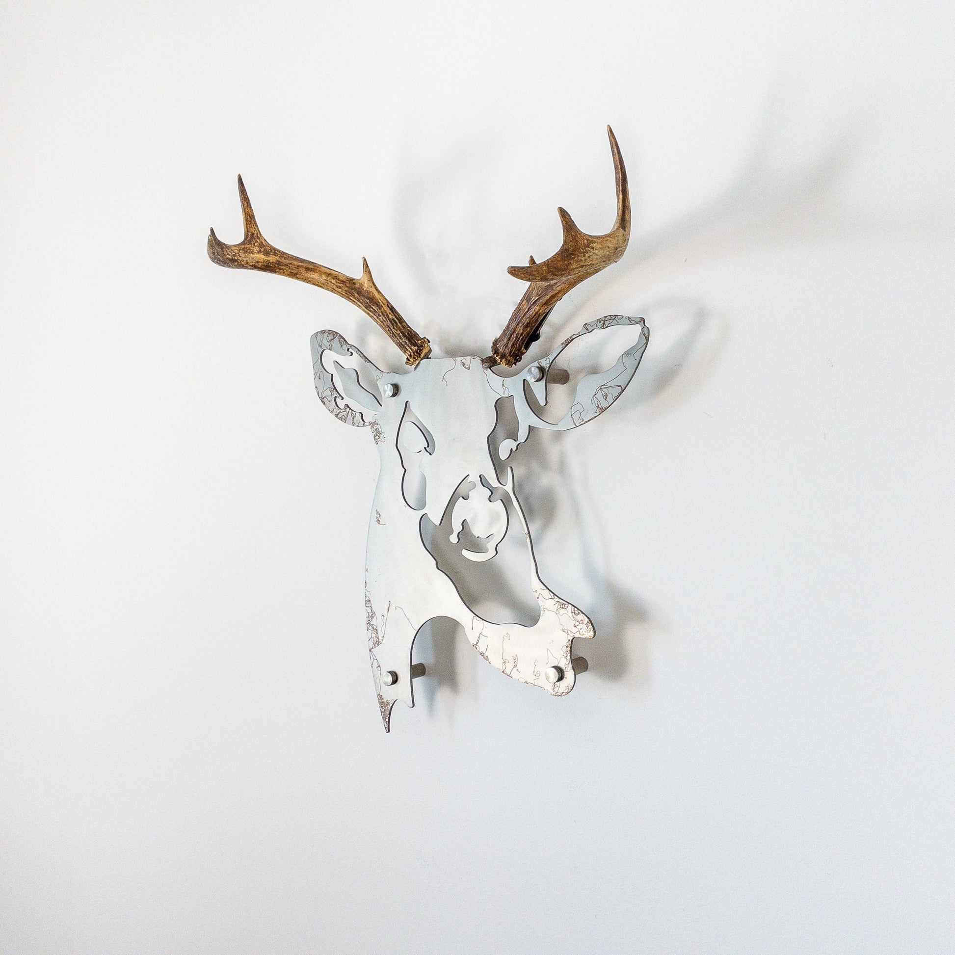 A metal wall decor made from real ethically sourced  White-Tailed Deer antlers mounted on a metal head