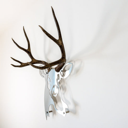 A metal wall decor made from real ethically sourced  Mule Deer antlers mounted on a metal head
