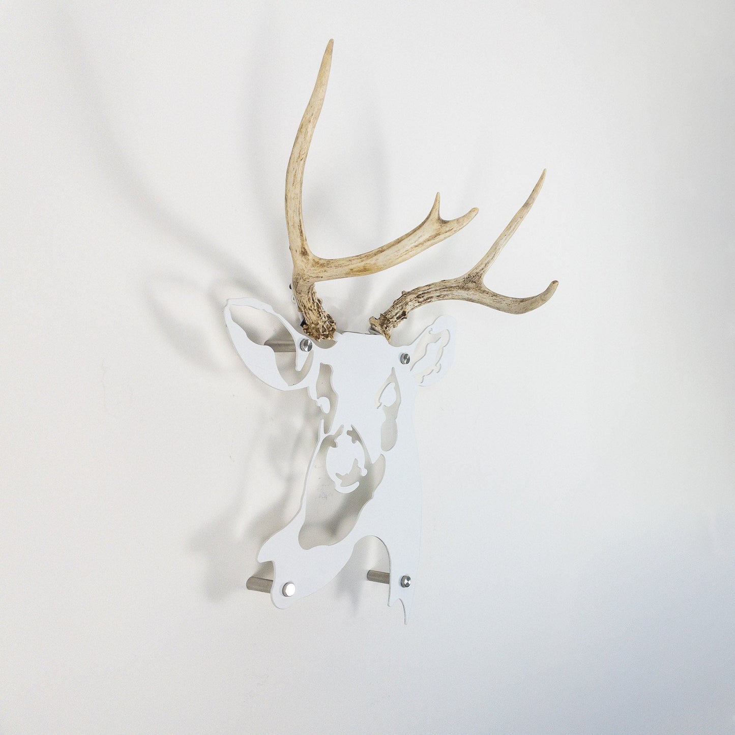 A metal wall decor made from real ethically sourced  White-Tailed Deer antlers mounted on a metal head