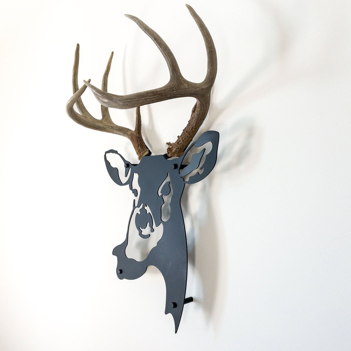 A metal wall decor made from real shed White-Tailed Deer antlers mounted on a metal head