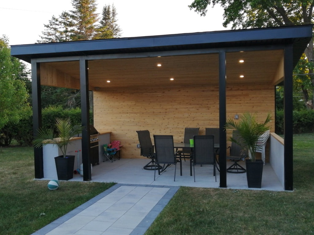 A pergola made of Eastern white cedar panelling