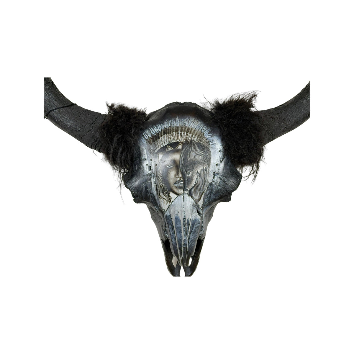 A Bison Engraved Skull Taxidermy Wall Decor featuring a wolf with a Native American woman