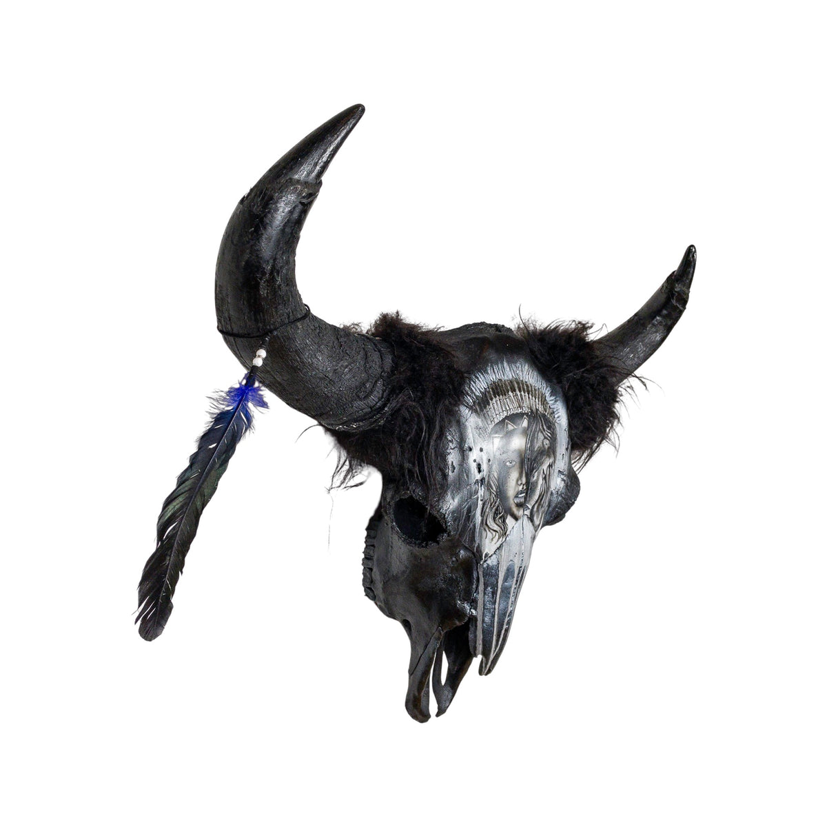 A Bison Engraved Skull Taxidermy Wall Decor featuring a wolf with a Native American woman