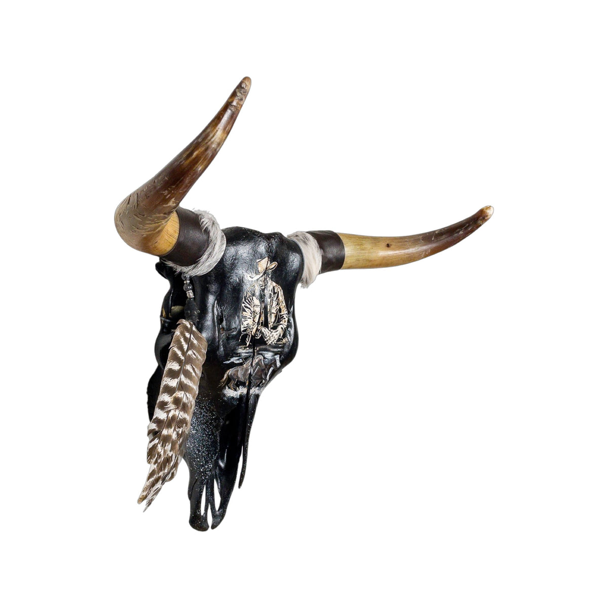 A Longhorn Engraved Skull Taxidermy Wall Decor featuring a cowboy with horses