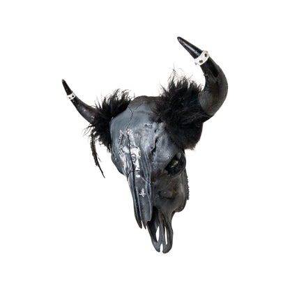A Longhorn Engraved Skull Taxidermy Wall Decor featuring a wolf and a woman's face