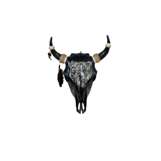 A Young Bull Engraved Skull Taxidermy Wall Decor featuring a bear head and a landscape