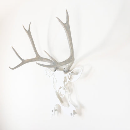 A metal wall decor made from real ethically sourced  Mule Deer antlers mounted on a metal head