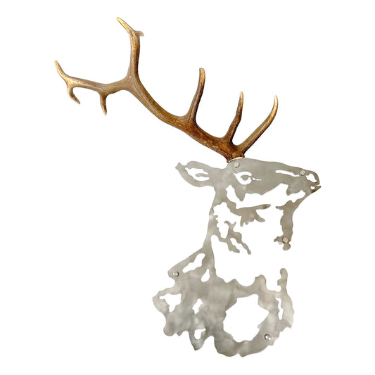 A metal wall decor made from real shed Red Stag antlers mounted on a metal head