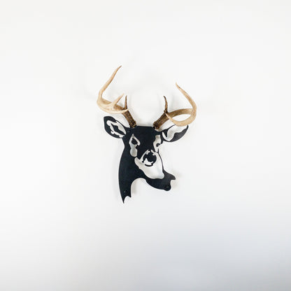 A metal wall decor made from real ethically sourced  White-Tailed Deer antlers mounted on a metal head
